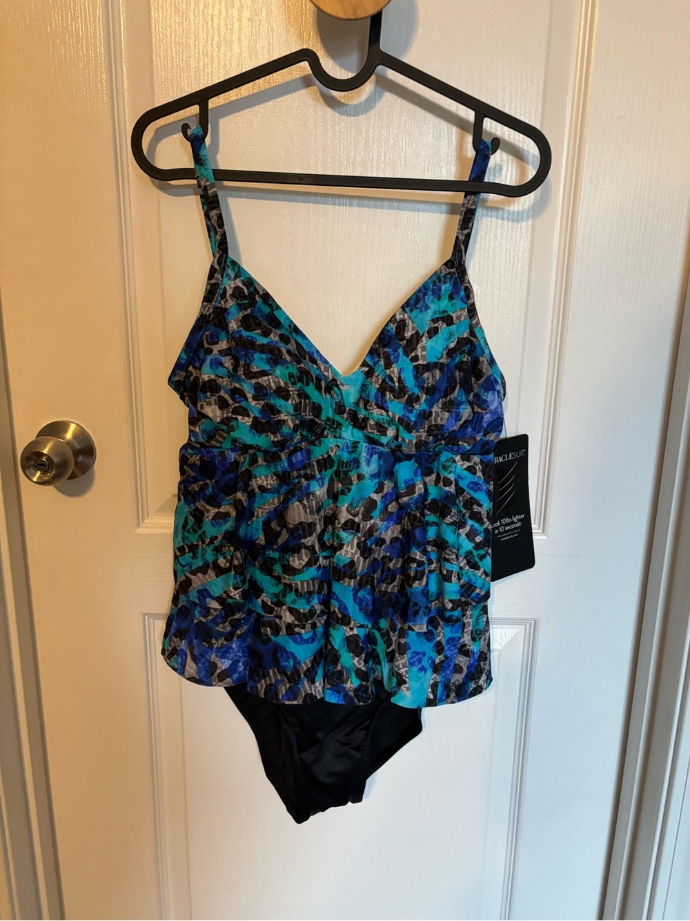 Teal & Blue Printed Tankini Swim Top with Black Bottom
